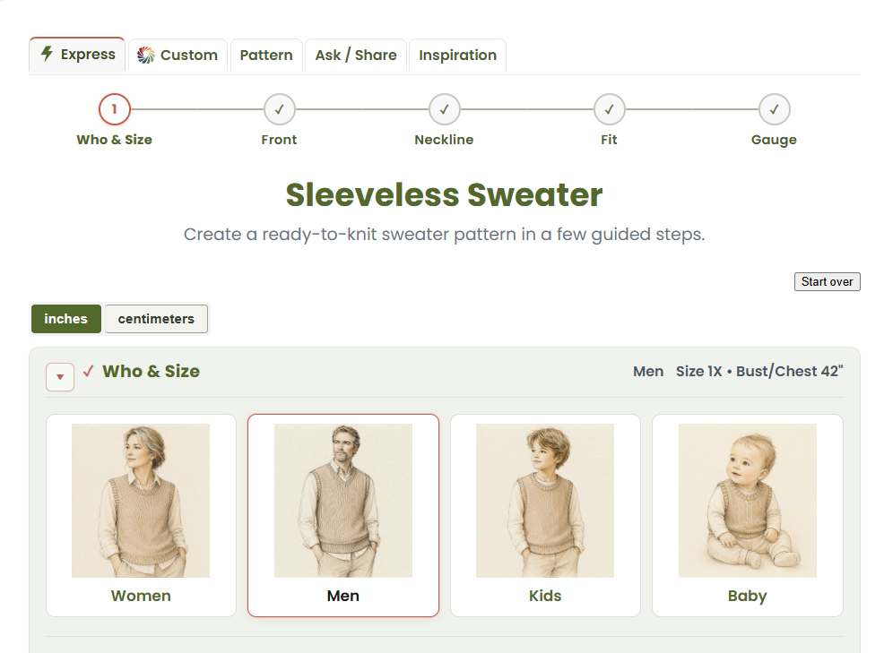 Express Pattern Builder — style choices and garment preview