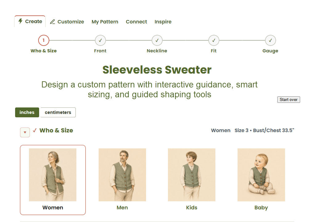 Sleeveless sweater pattern workspace showing size, fit, neckline, and gauge choices