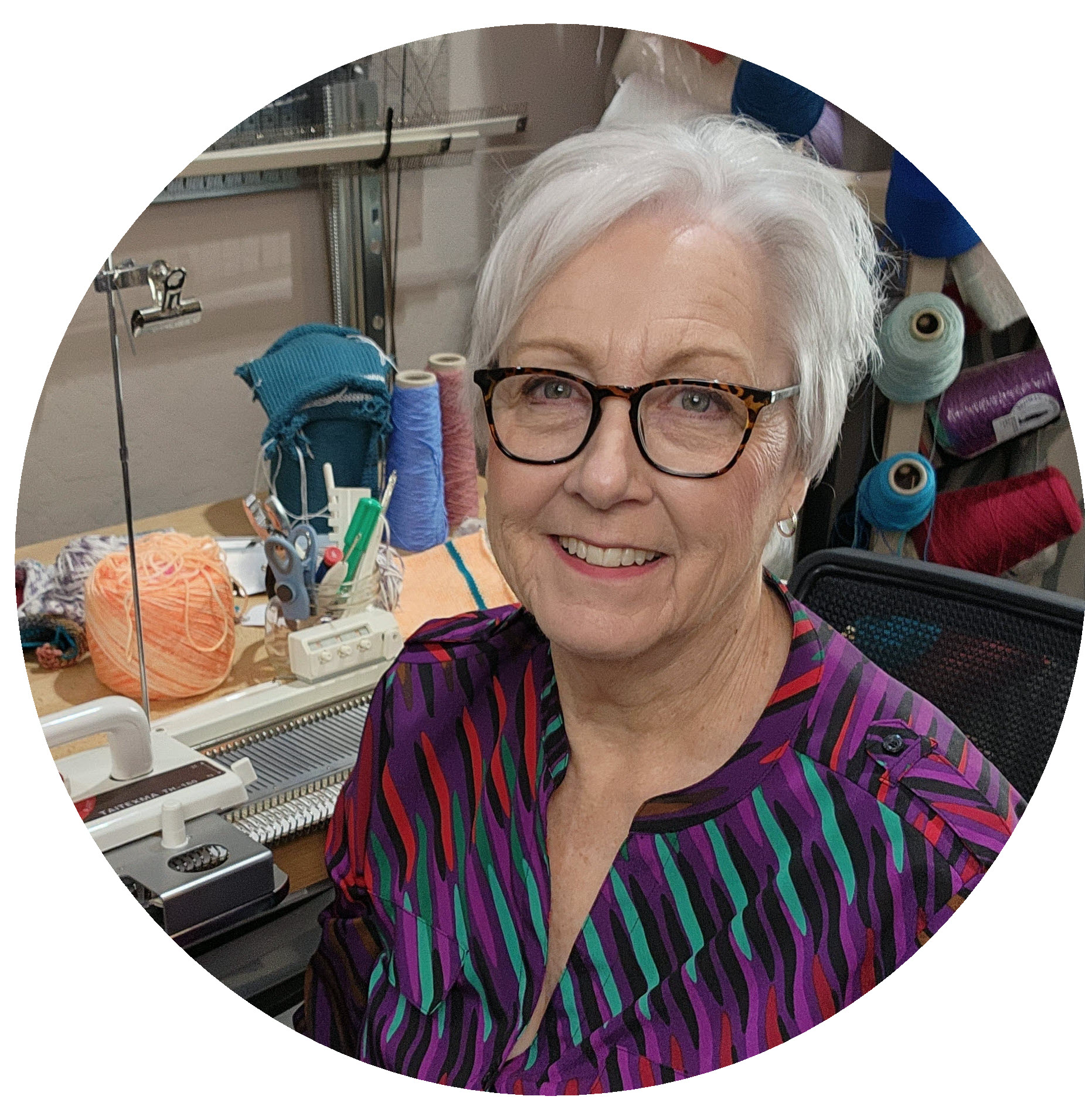 Sue Jalowiec at her knitting machine, founder of Knit it Now
